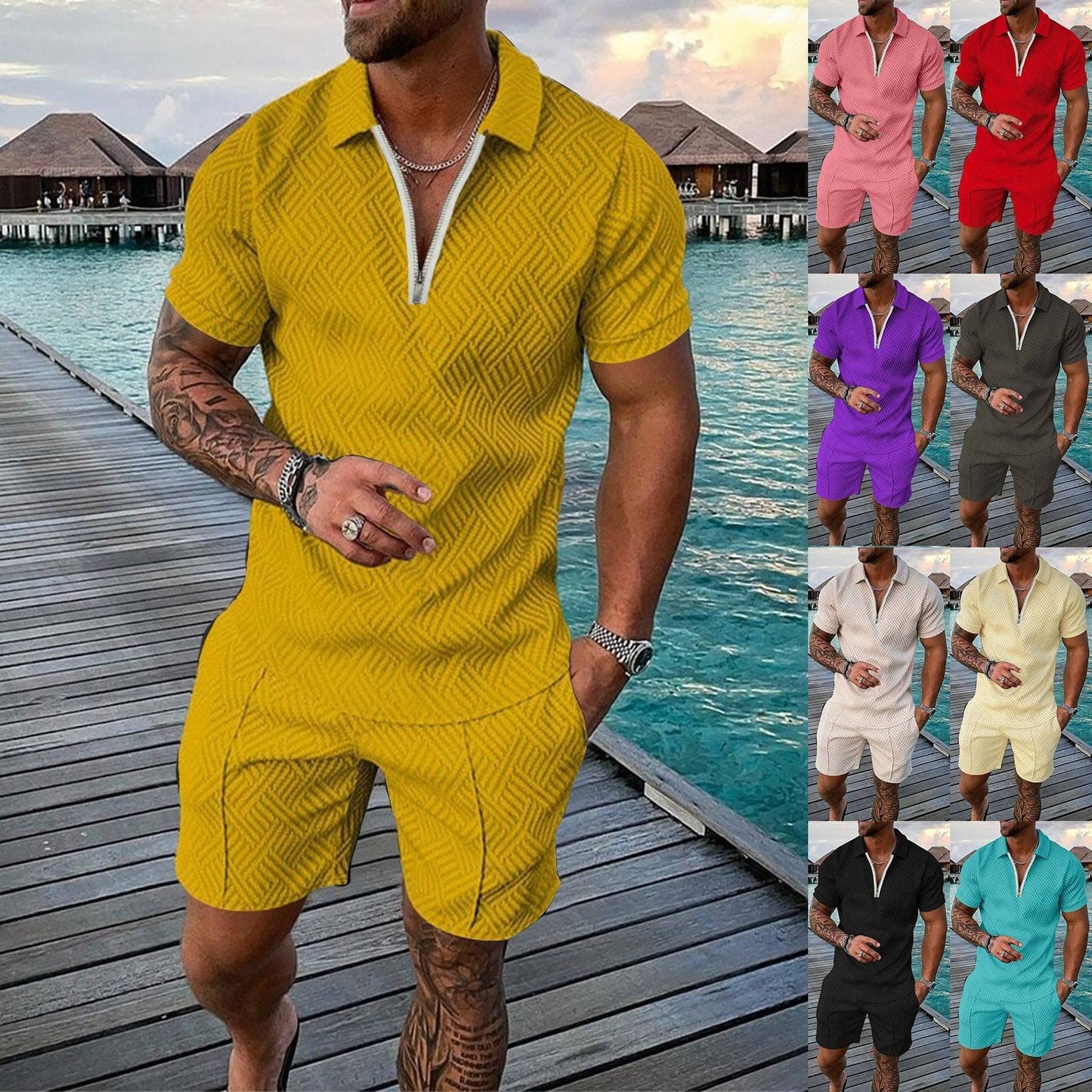 YWASYA Men Short Sets Outfits 2 Piece Casual Short Sleeve Golf Polo Shirts for Men and Shorts Beach Outfits Men's Tracksuits