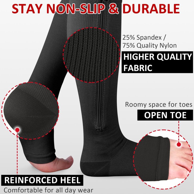 Ailaka 3 Pairs Compression Socks with Zipper, 15-20 mmHg Medical Knee High Compression Socks for Men Women, Open Toe Socks for Varicose Veins, Edema, Recovery(Black, L-Xlarge)