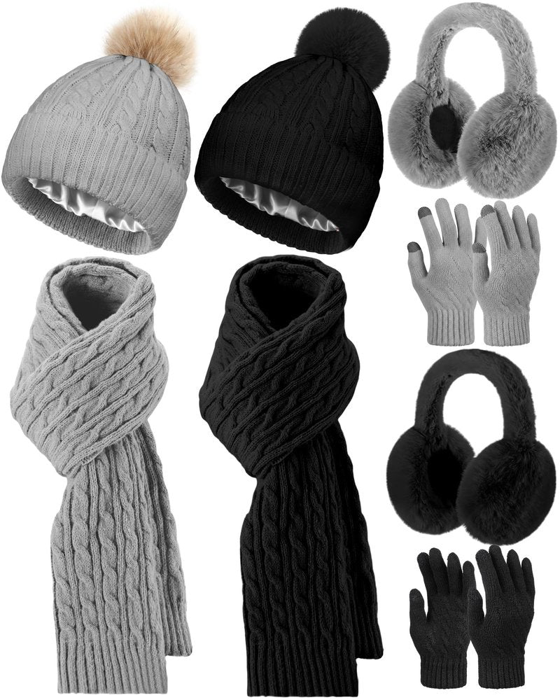 Suhine 8 Pcs Women Hat Scarf Gloves and Earmuff Set Winter Knit Beanie Pompom Hat Warm Touch Screen Gloves for Men Adult(Black, Gray,Stain,Chunky Twist Style)