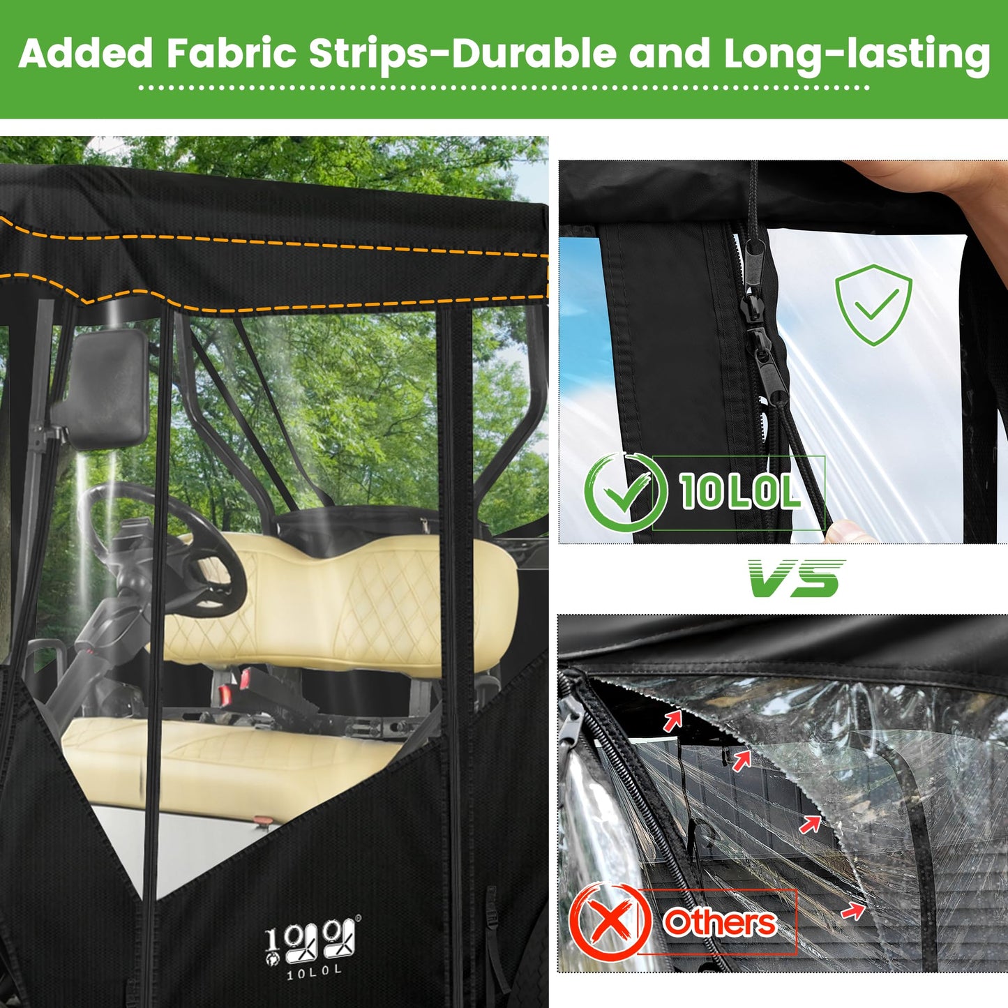 10L0L 2 Passenger Golf Cart Enclosure -61" Roof Fit Universal for EZGO TXT RXV & Club Car DS Precedent Tempo with Side Mirror Openings,Waterproof 600D Rain Cover,Transparent Tail Light Panel