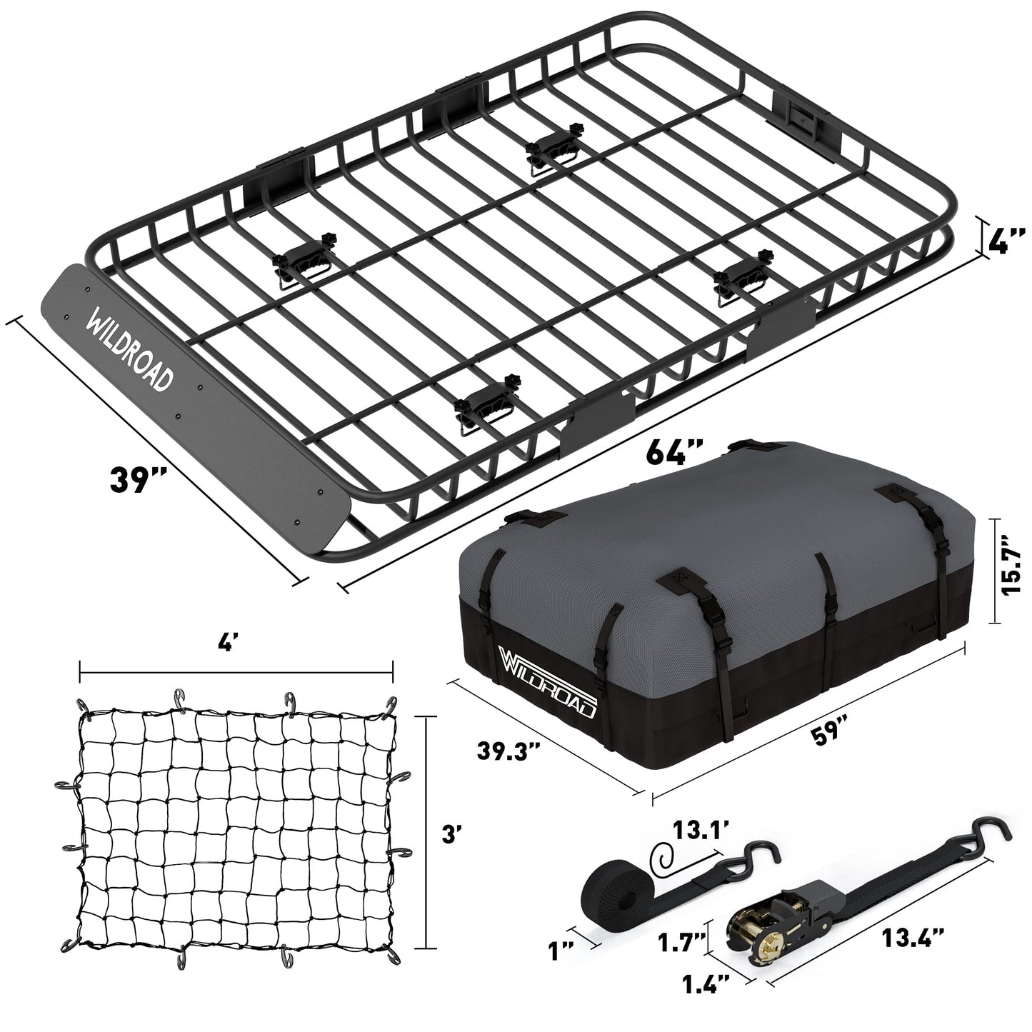 WILDROAD Car Roof Cargo Basket Combo of Upgraded 64"x 39"x 4" Roof Rack Cargo Basket with 21 Cubic ft Waterproof Cargo Bag, Cargo Net, Ratchet Straps and Anti-Rust Sealant