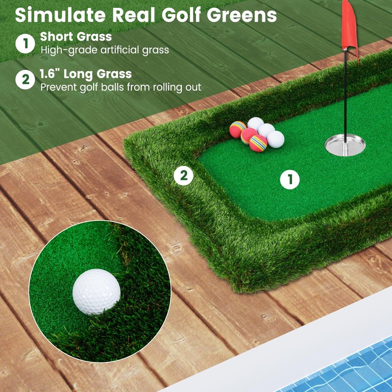 Tangkula Floating Golf Green for Pool, Rectangular Floating Chipping Green Includes Hitting Mat, 6 Balls, Flag, Cup & Tee, Training Mat, Outdoor Pool Golf Game