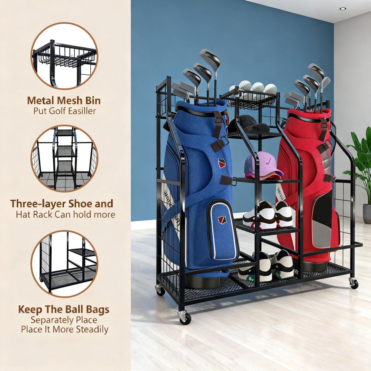 Golf Bag Storage Organizer Stand with Wheels - Heavy Duty Steel Rack Holds 2 Golf Bags with Central Storage Shelf for Golf Balls, Shoes & Accessories, Space Saving Garage Golf Club Equipment Holder