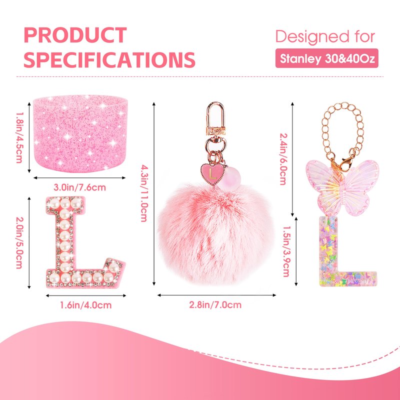 WINOWIMO 8 Pcs Pink Accessories Set for Stanley Cup 30 oz 40 oz, Silicone Glitter Boot, Star Straw Cover, Pom-Pom Charm, Letter Charm, Water Bottle Handle, Initial Sticker for Stanley Tumbler (L)