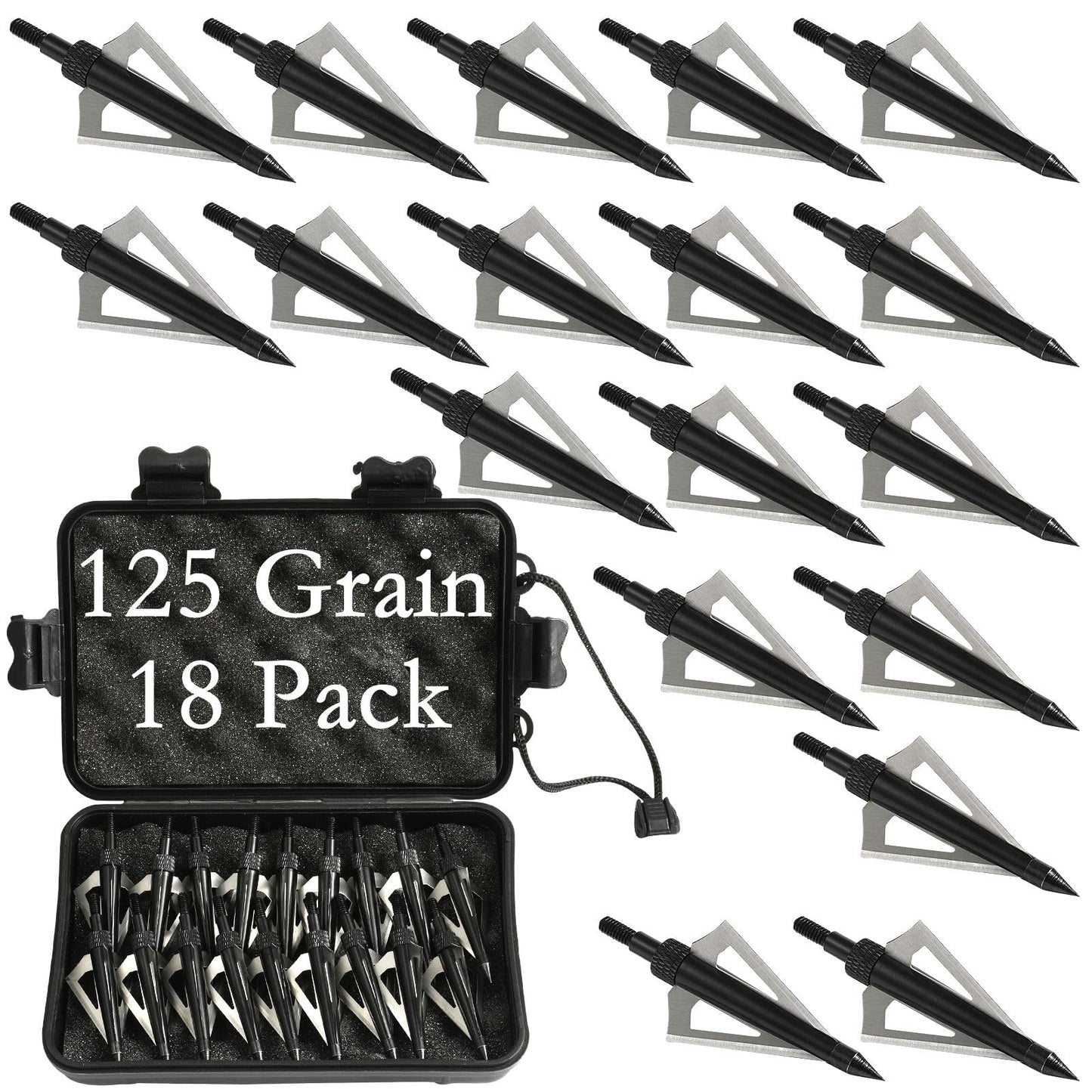 Aiskaer 18 Pack Hunting Broadheads with Storage Case, 100/125 Grain Archery Broadheads, 3 Blade Archery Arrows Hunting Points Metal Tips Compatible with Crossbow and Compound Bow