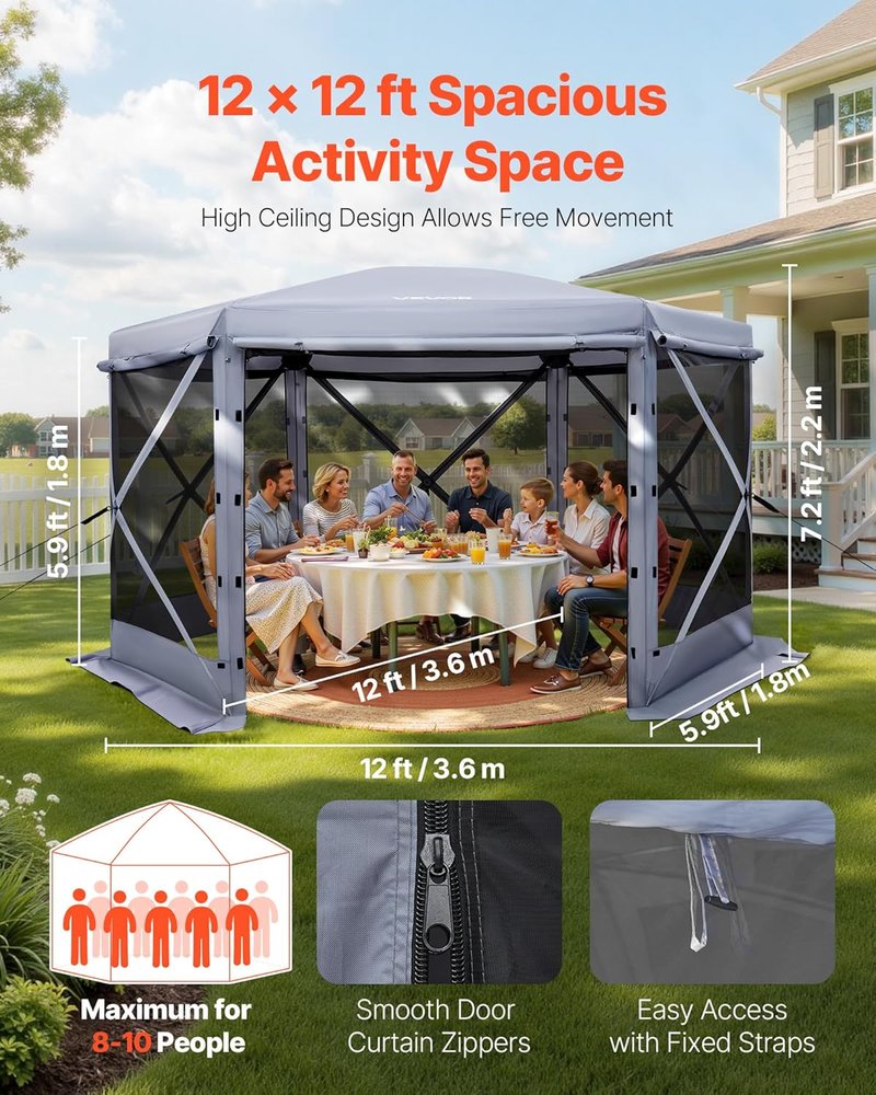 Pop Up Gazebo Screen Tent - 12x12 ft Large 6-Sided Canopy with Removable Top | Quick-Set, Bite-Proof Sun Shelter for 8-10 Persons, Grey