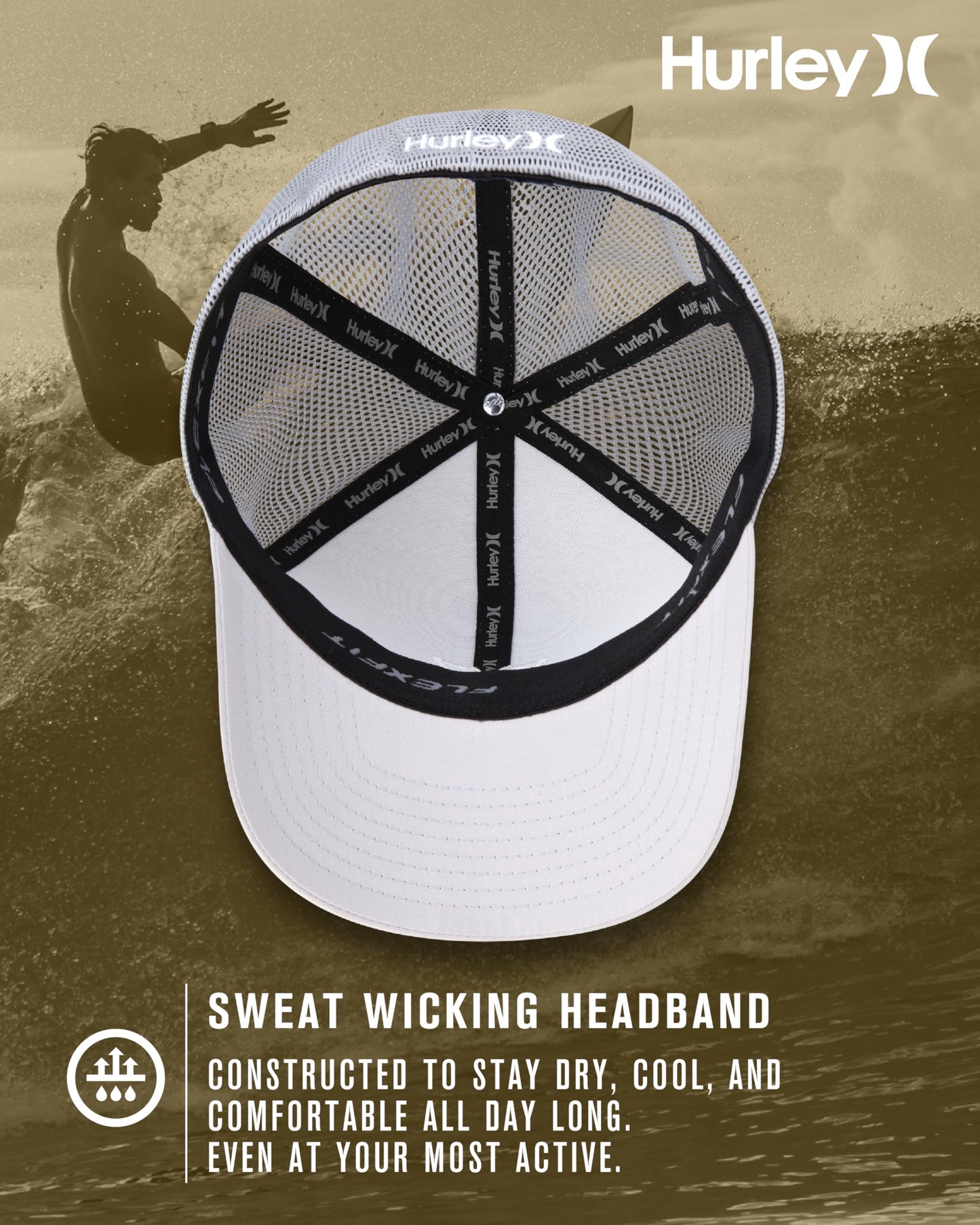 Hurley Mens Trucker Hat - Lightweight Breathable Stretch Mesh Back Curved Bill Baseball Cap with 3D Front Icon Logo, Size Large-X-Large, Light Grey