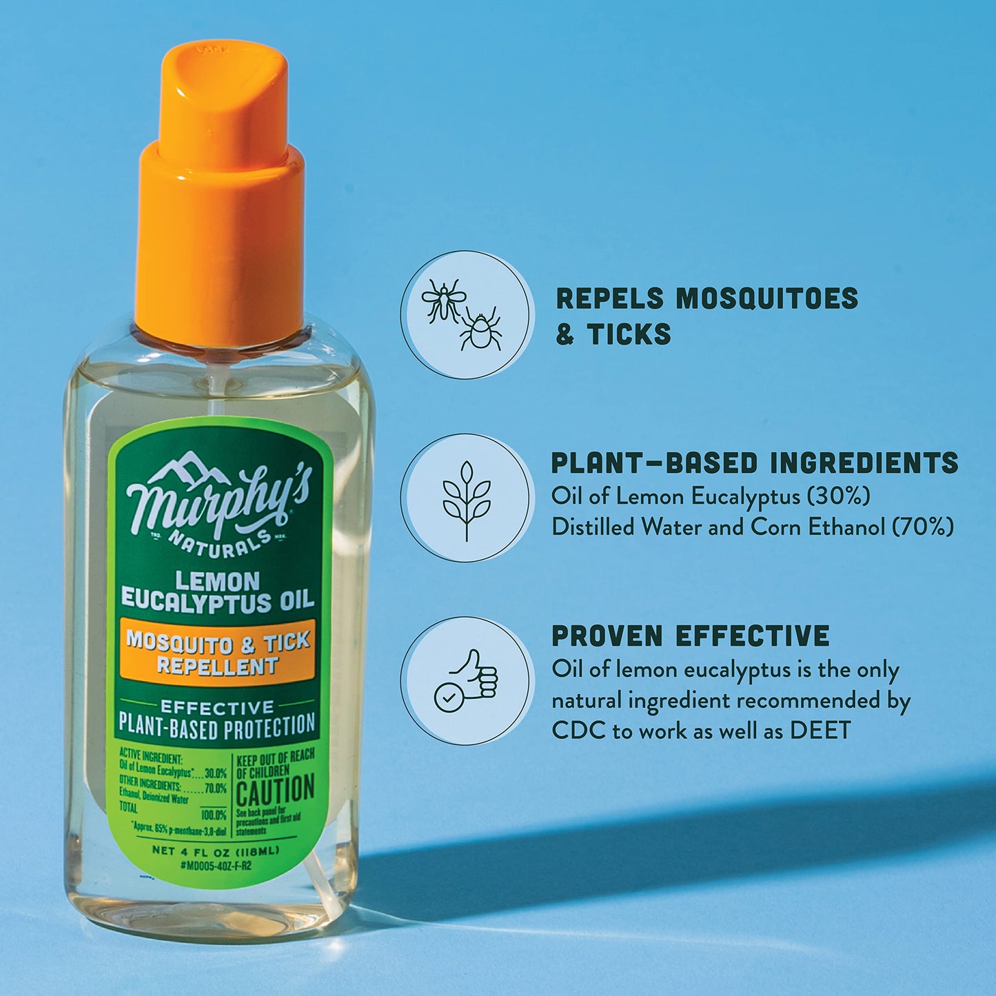 Murphy's Naturals Lemon Eucalyptus Oil Insect Repellent Spray | DEET-Free, Plant-Based | Mosquito and Tick Repellent for Skin + Gear | 4 Ounce Pump Spray