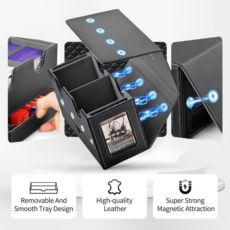 Card Deck Box for MTG - Double Storage Organizer with 2 Commander Displays & 1 Dice Tray | Fits 200+ Double Sleeved Cards (Black Gray)