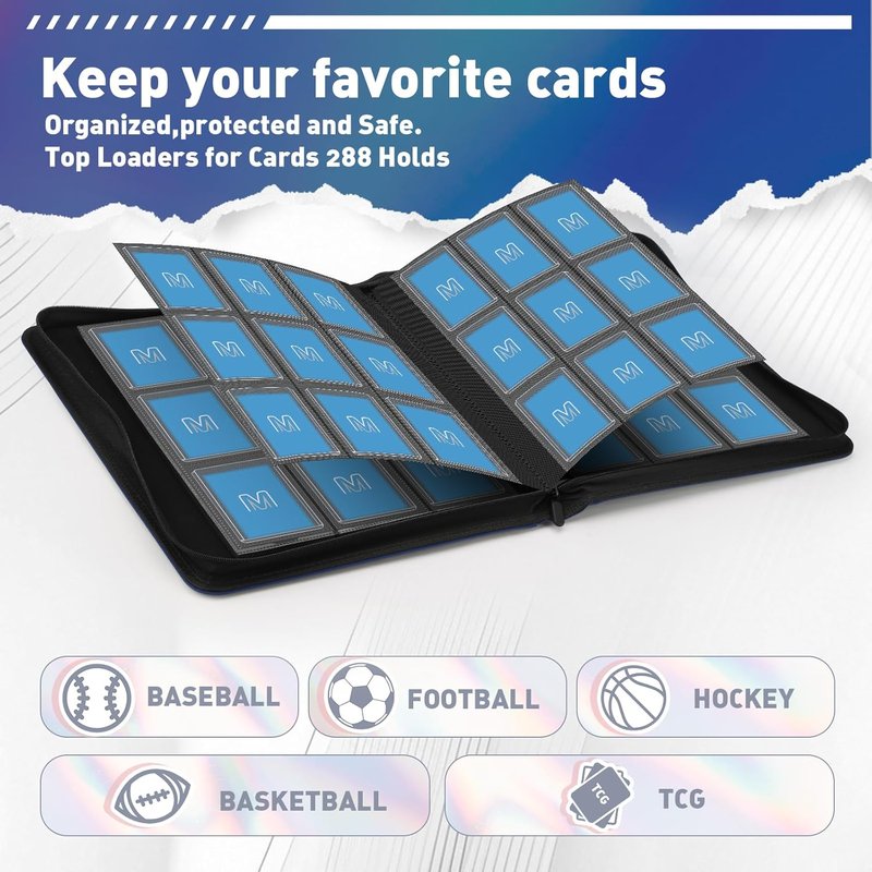 Trading Card Binder - 9-Pocket Toploader Storage for 288 Cards | Navy Blue Hard Case