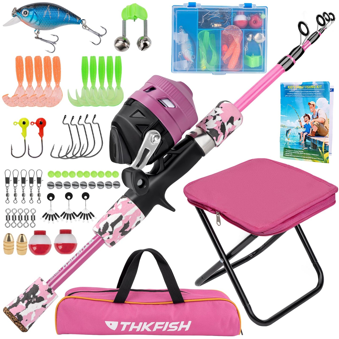 Kids Fishing Pole Set, Telescopic Fishing Rod Reel Combo Kids Starter Kit with Lures Tackle Box, Foldable Stool and Portable Bag for Boys Girls Younth