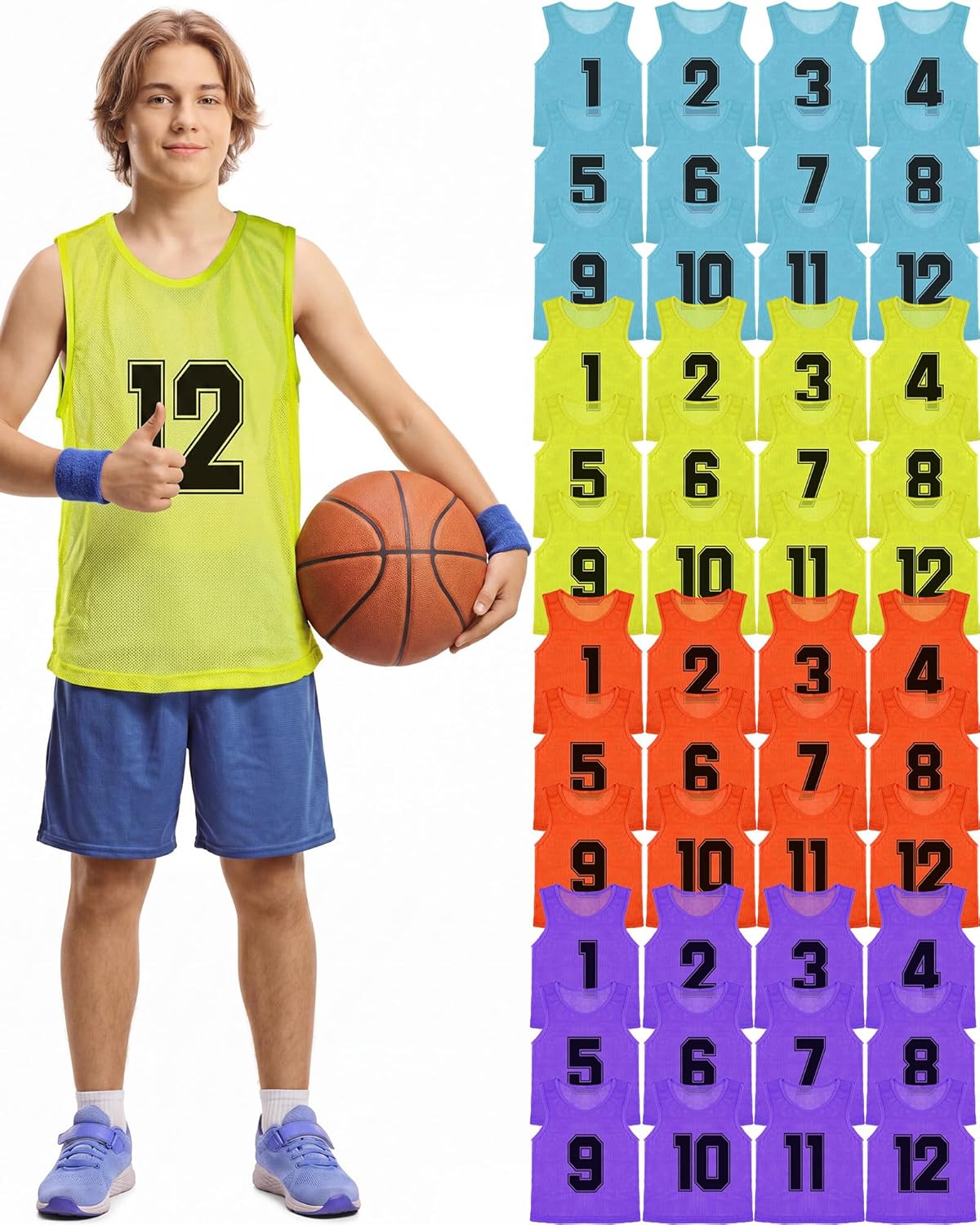 Suhine Youth Basketball Pinnies - 48 Pcs Nylon Mesh Scrimmage Vests | Numbered Practice Jerseys