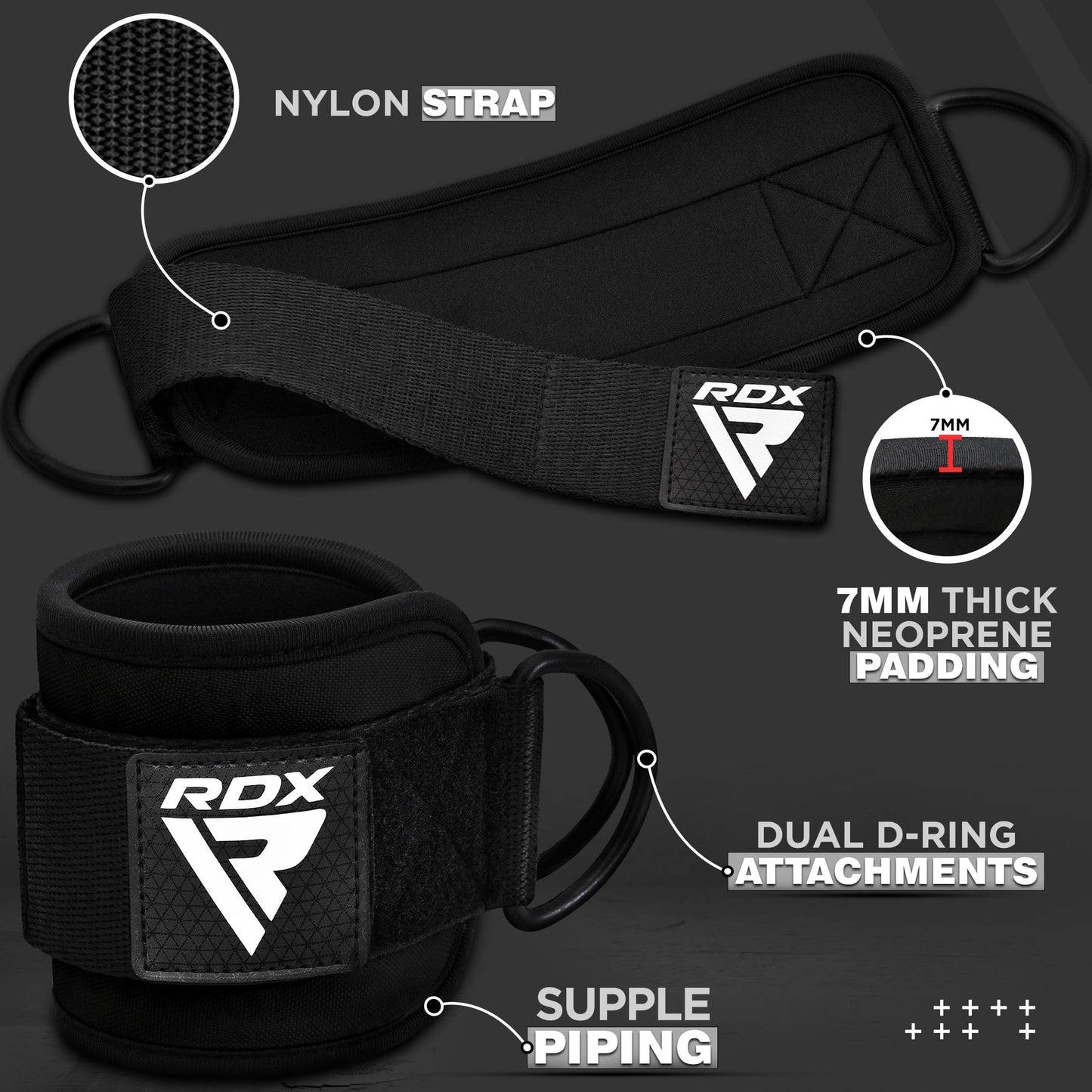 RDX Ankle Straps for Cable Machines – 7MM Neoprene Padded 10"x4" Adjustable Gym Cuffs with Dual D-Rings – Weight Attachments for Wrist Glutes Leg Kickbacks Hip Abduction Strength Workouts – Men Women