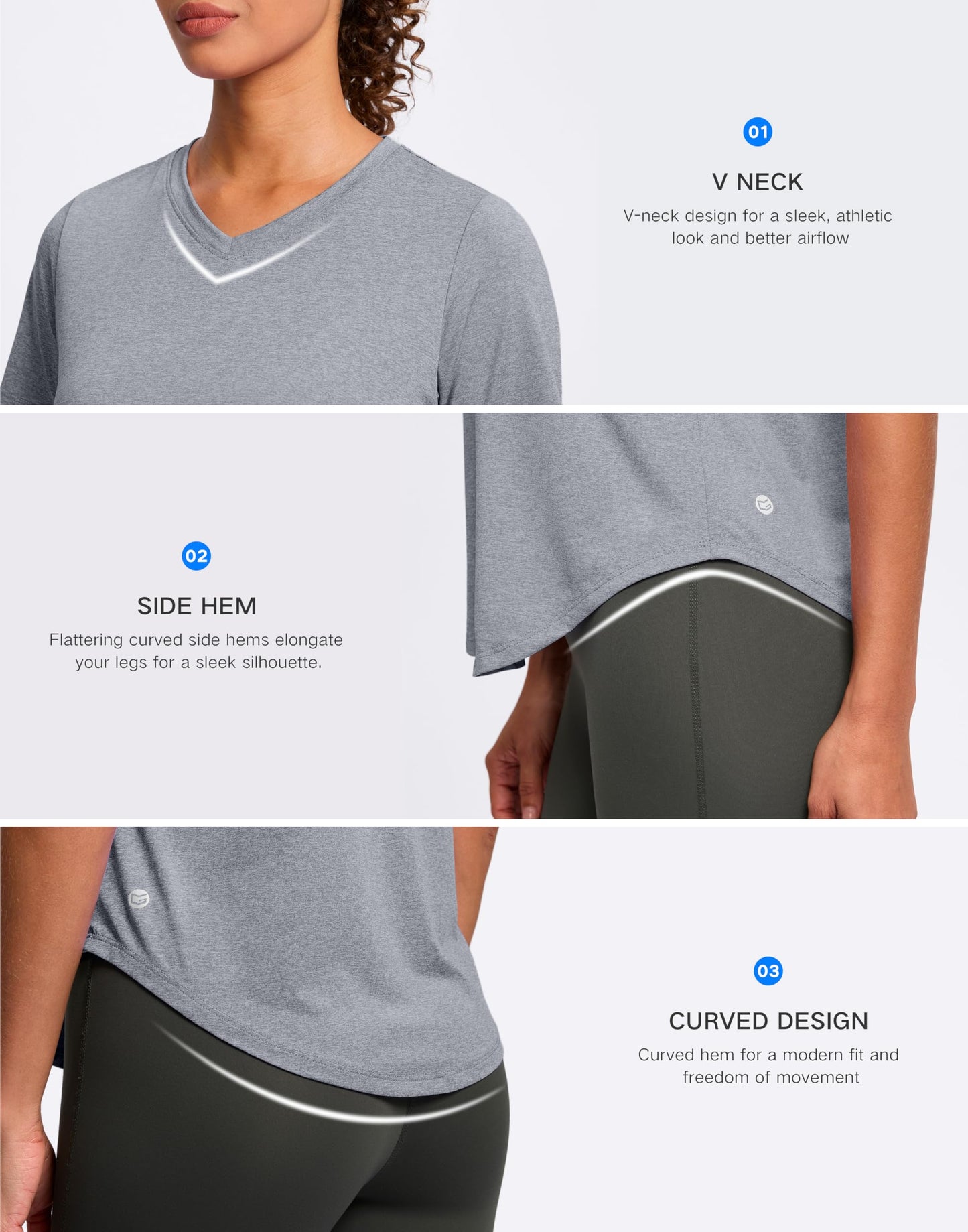 Womens Workout Shirts V-Neck Short Sleeve UPF 50+ Sun Shirt Moisture Wicking Dry Fit Top for Gym, Running, Athletic (Heather Grey, L)