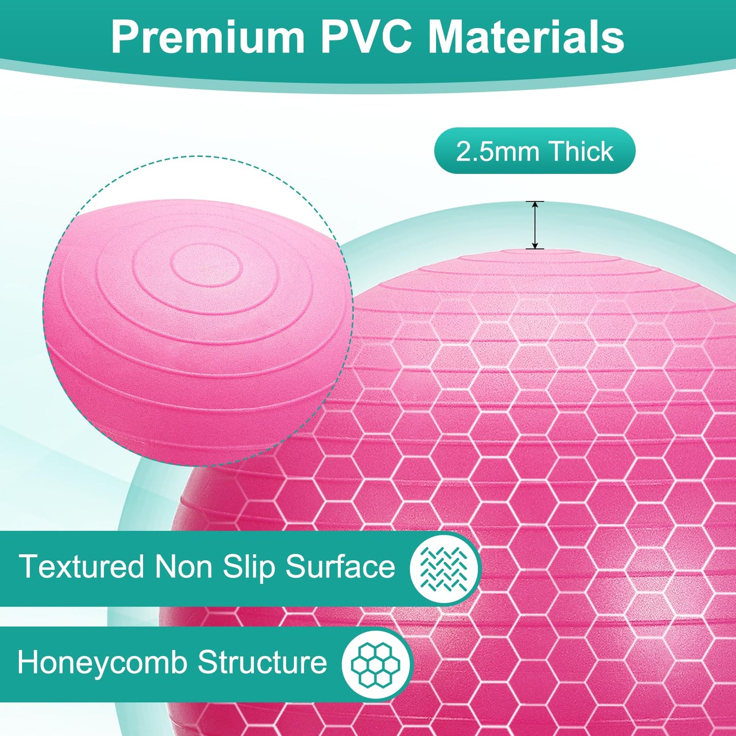 YELARXI Yoga Ball, Exercise Ball 25.6" & PVC & Pink Anti-Slip Stability Pilates Extra Thick Birth Workout with Pump - Fitting for (Gym Balance Fitness Core Workout)