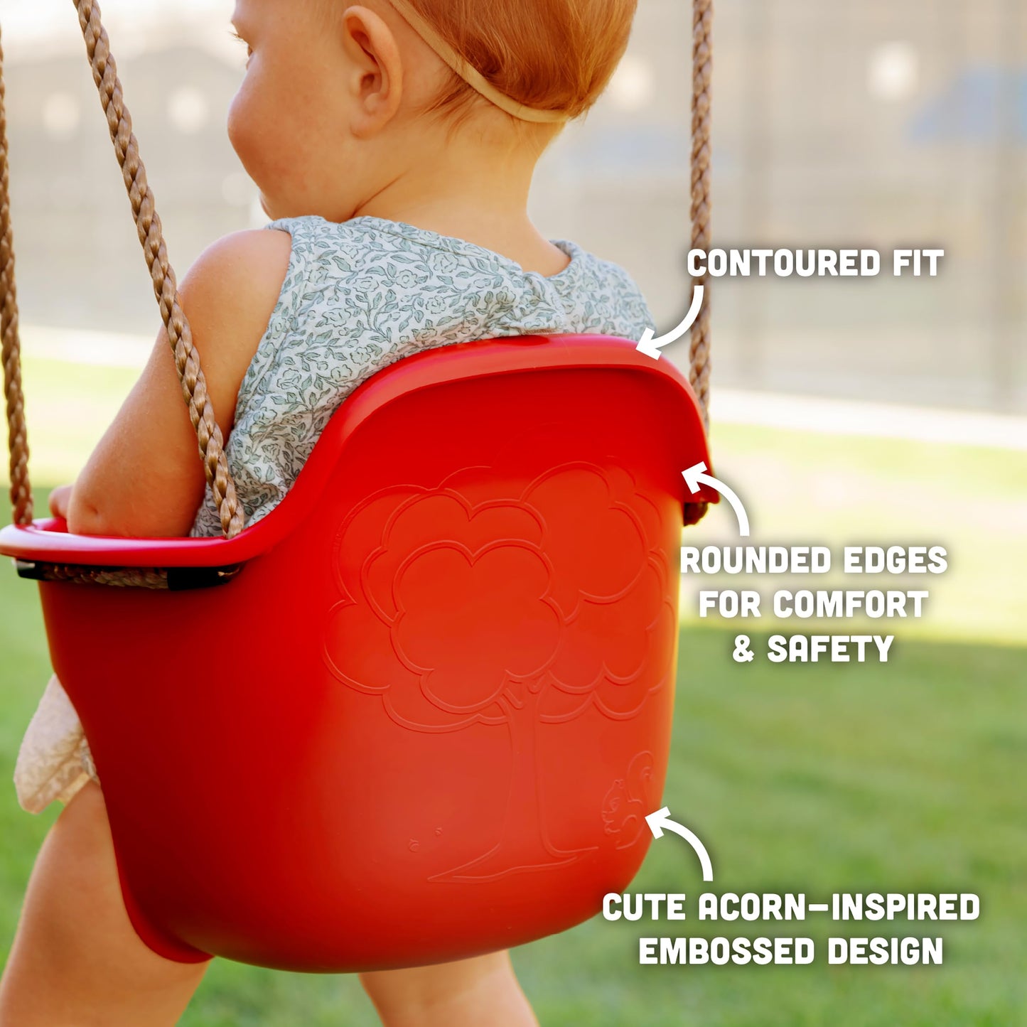 Acorn Adventures Toddler Swing Seat – Baby Bucket Swing for Outdoor Backyard & Porch, Adjustable Ropes, Easy Install, Weather-Resistant HDPE - Red