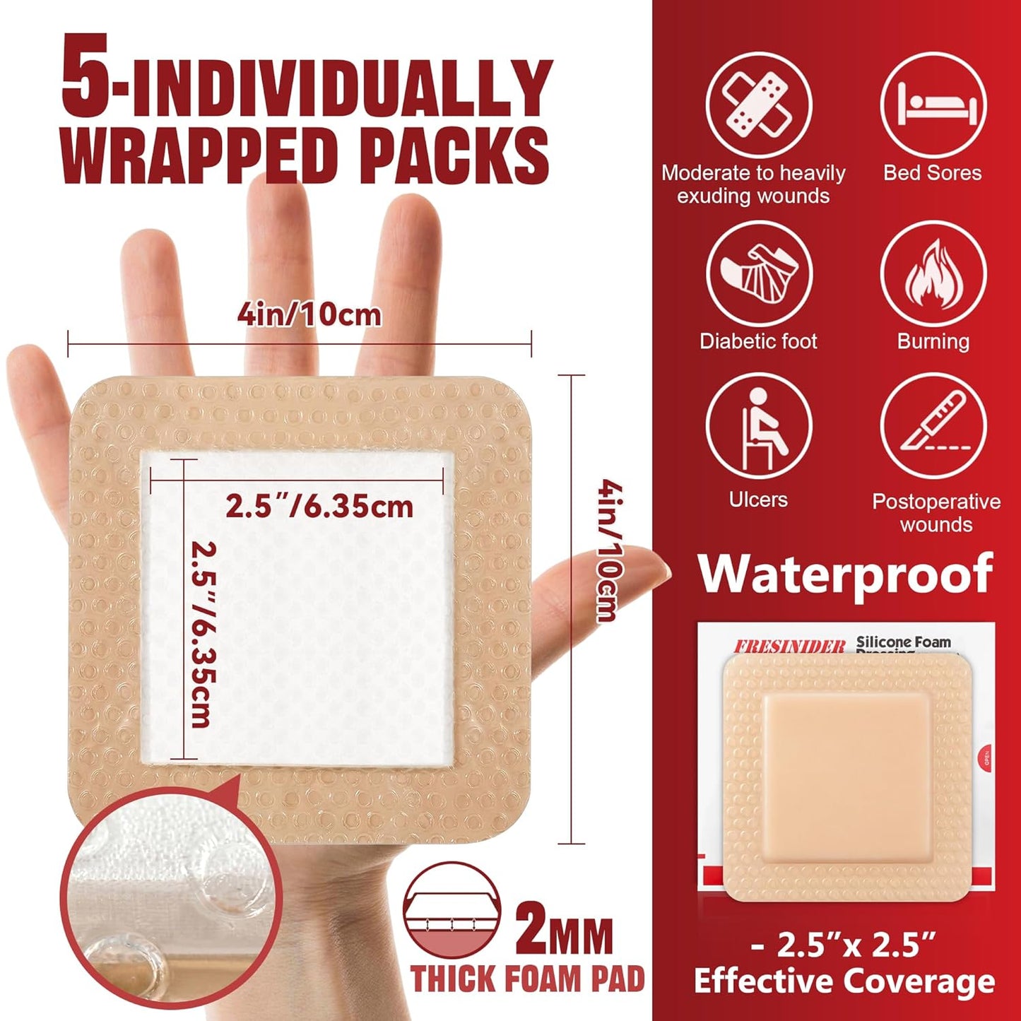 Silicone Foam Dressing with Adhesive Border - Waterproof Wound Care Bandages | Pack of 5, 4 x 4 Inches