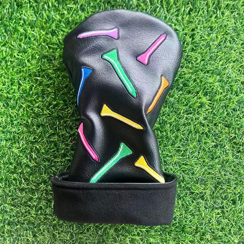 ROYMADE Golf Club Covers Set Colorful Tees Design Driver Covers Fairway Wood Cover Hybrid Cover Leather Golf Wood Head Cover (Color T Black (DR+FW+UT 4pcs))