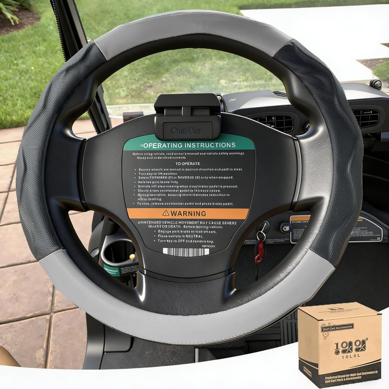 10L0L Golf Cart Steering Wheel Cover 14 inch for Club Car DS Precedent and Yamaha Models, PU Leather Rubber Anti-Slip Grip, Breathable All-Season Protector, Black+Grey