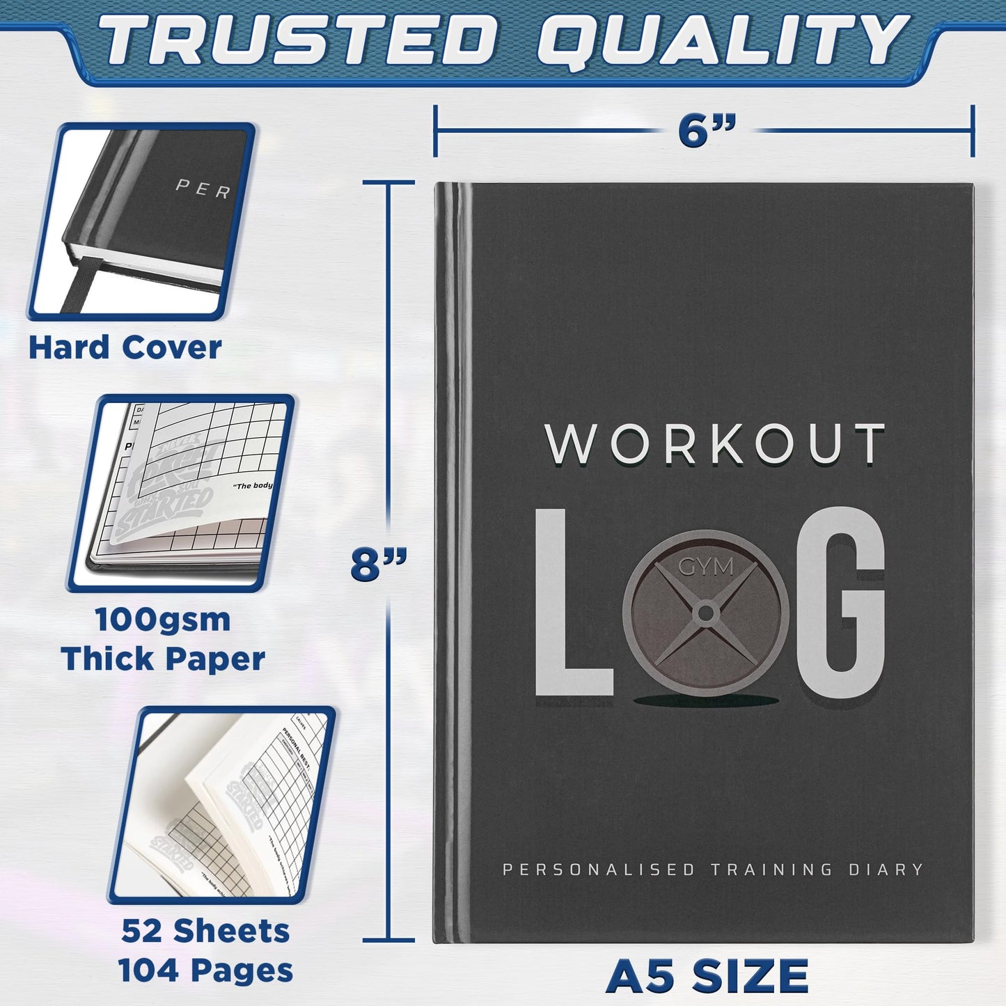 Workout Log Gym - 6 x 8 Inches - Hardback Gym and Fitness Diary with Heavy-Duty Covers - Set Goals, Track 100 Workouts and Record Progress - Charcoal Gray