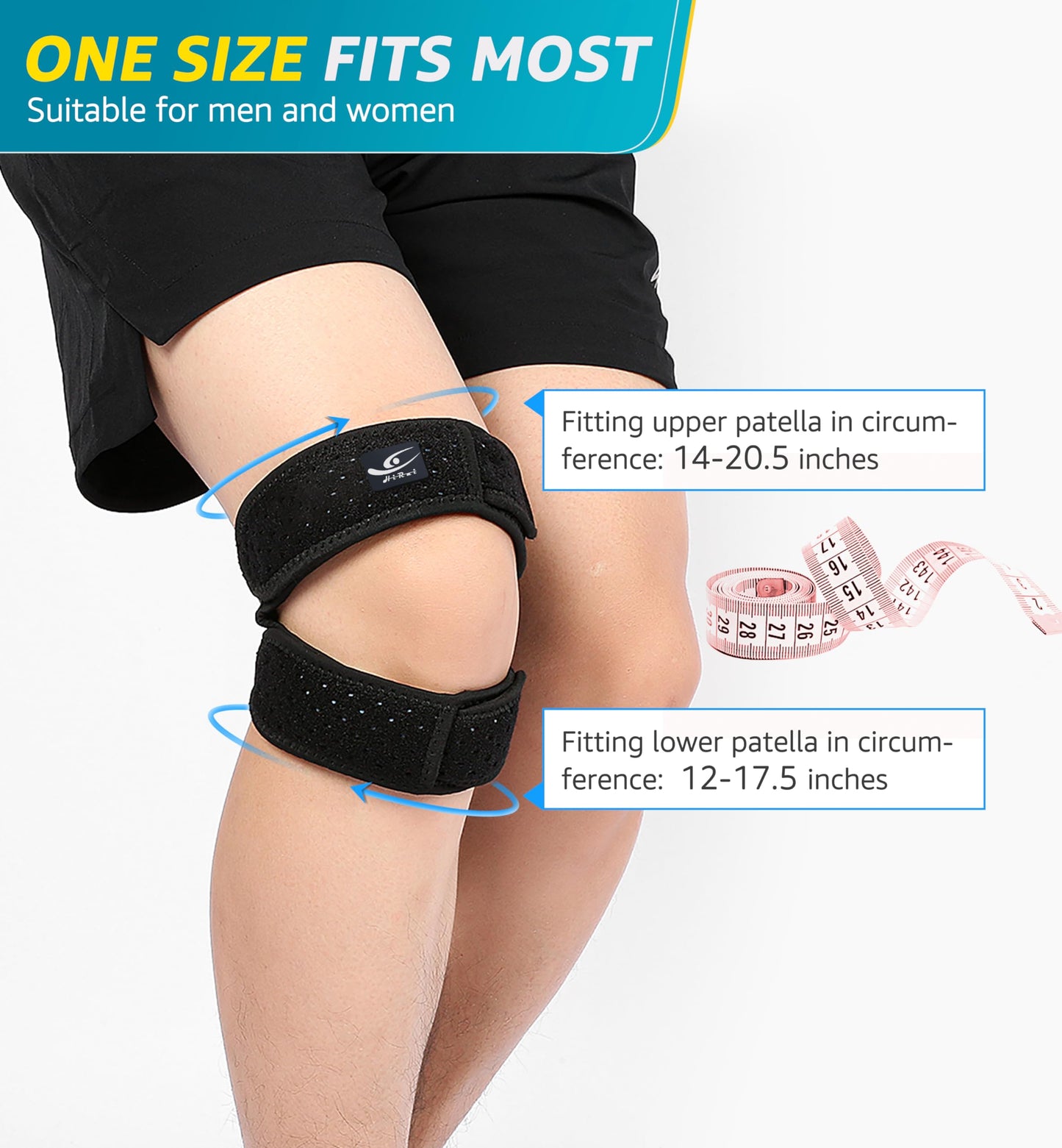 HiRui Dual Patella Knee Straps, Knee Brace Patella Stabilizer for Knee Pain Relief Running Tennis Jumping Arthritis Tendonitis, Joint and Muscles Protection - Adjustable (Black, 2 Pack)