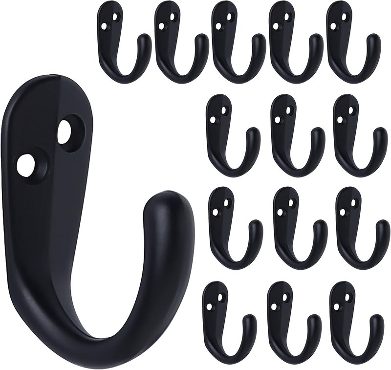 15PCS Wall Mounted Coat Hooks - Single Prong Robe Hook Set for Towels, Bags, Hats | Black