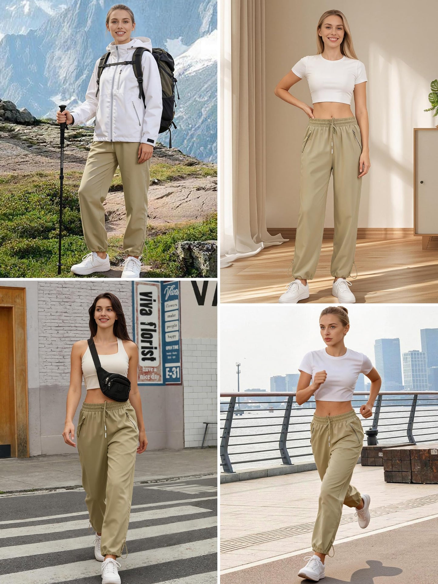JEKAOYI Womens Athletic Hiking Pants Lightweight Quick Dry Water Resistant Elastic Waist Cargo Pants with Zipper Pockets Khaki