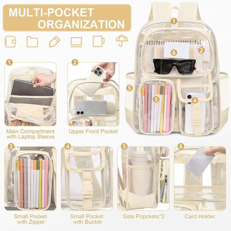 Attmu Clear Backpack for Stadium Events, Heavy Duty PVC Transparent Bookbag with Reinforced Strap, Large Capacity See Through Clear Bag for College Concerts Sport Work Security Travel