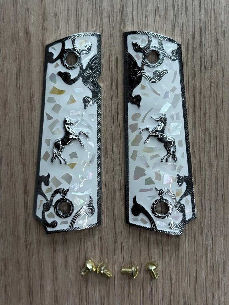 Full Size 1911 Grips - Pearl Resin with Metal Horse & Mexican Tricolor Flag Design | Durable and Stylish