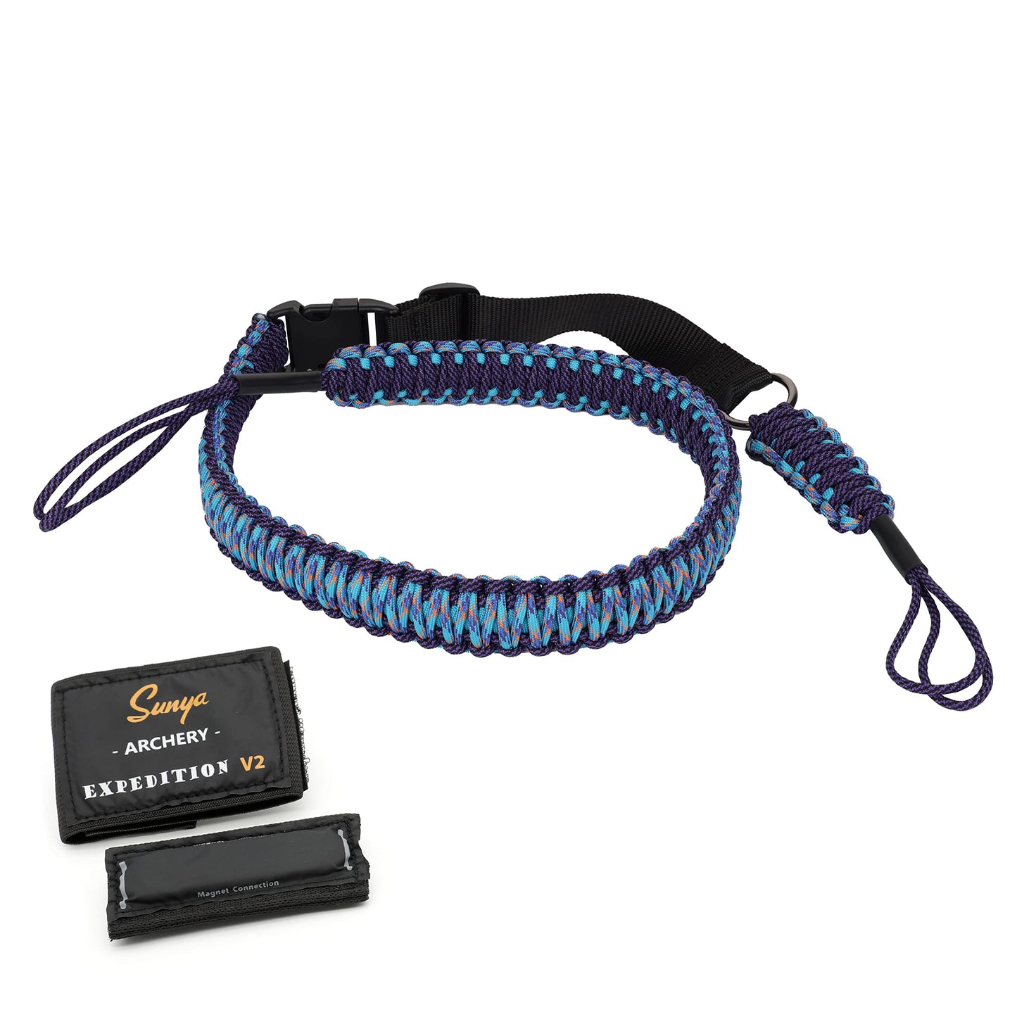 Sunya Paracord Compound Bow Sling with V2 Upgraded Magnetic Connection System. Lightweight Hands Free Shoulder Carrying Sling for Bow Hunting, Field Archery and 3D(Blackout)