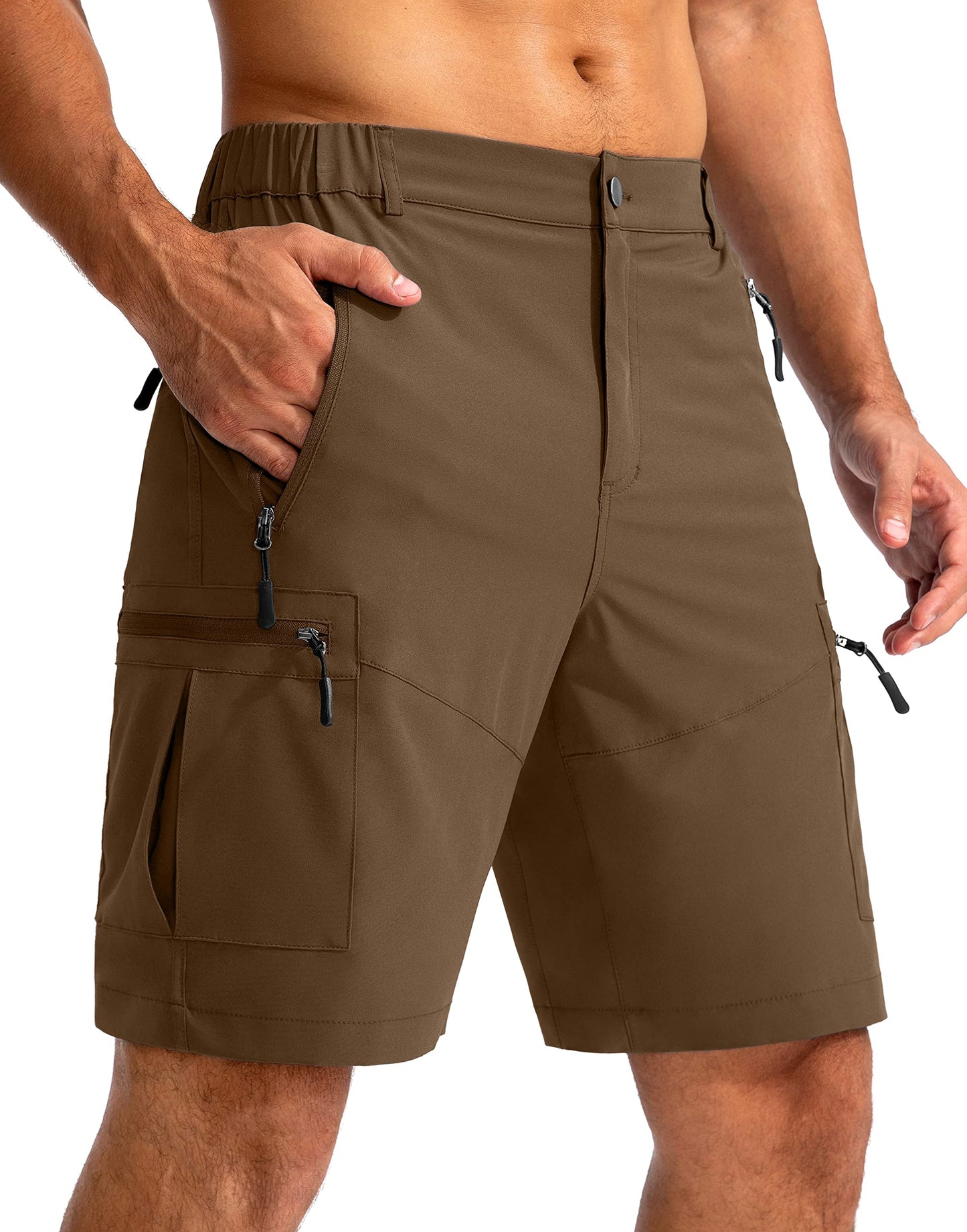 Pudolla Men's Hiking Cargo Shorts 9" Lightweight Outdoor Work Shorts for Men Travel Golf Camping Casual with 5 Zipper Pockets(Brown Large)