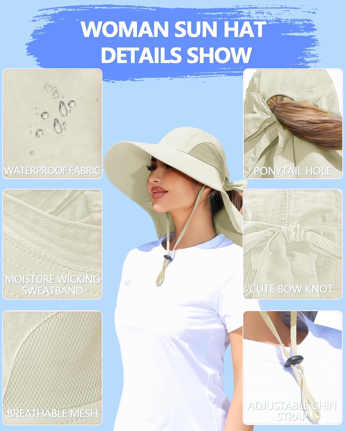 Women's UV Protection Sun Hat - Wide Brim Fishing Hat with Ponytail Hole & Neck Flap | Ideal for Beach, Hiking, Camping