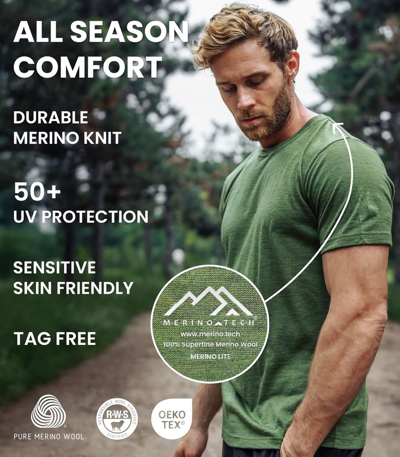 Merino Wool T-Shirt for Men - Lightweight 100% Merino Wool Base Layer | Comfortable Fit