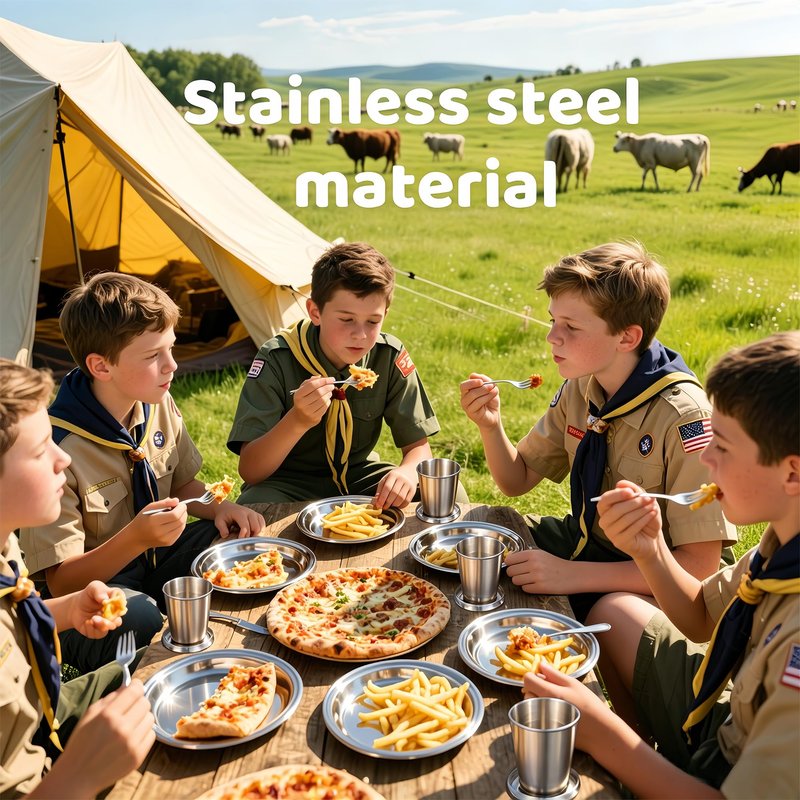 Scout Camping Mess Kits, Stainless Steel Utensils Camping Dinnerware Kit, Boy Scout Dishes Set with Mesh Bag Camping Cutlery Set Easy to Carry Clean for Backpacking, Camping, Hiking and Picnics