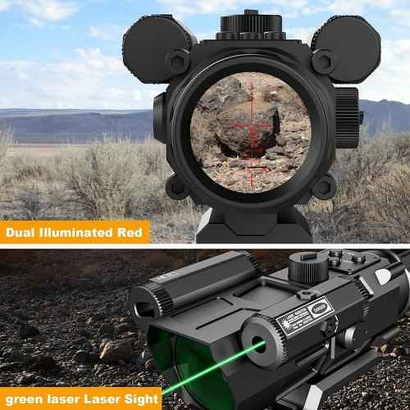 4X32 Prism Rifle Scope Optics Lightweight with Green/Red Laser 7 Level Red Illuminated Reticle Clear Green Lens Reticle 4X Magnification for 20mm Rail Mounts