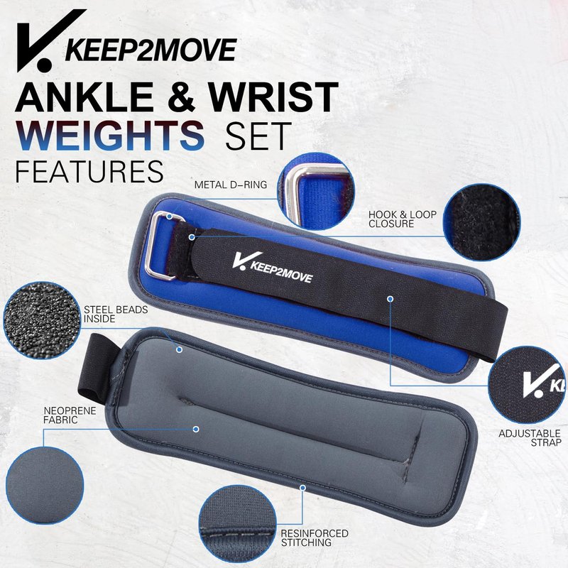 KEEP2MOVE Ankle Weights for Men Women Kids 1 Pair 0.65Lb 1Lb 2Lbs 3Lbs Each, Rectangular Strength Training Wrist Weights with Adjustable Strap for Walking, Running, Pilates, Yoga, Dance, Aerobics, Cardio Exercises
