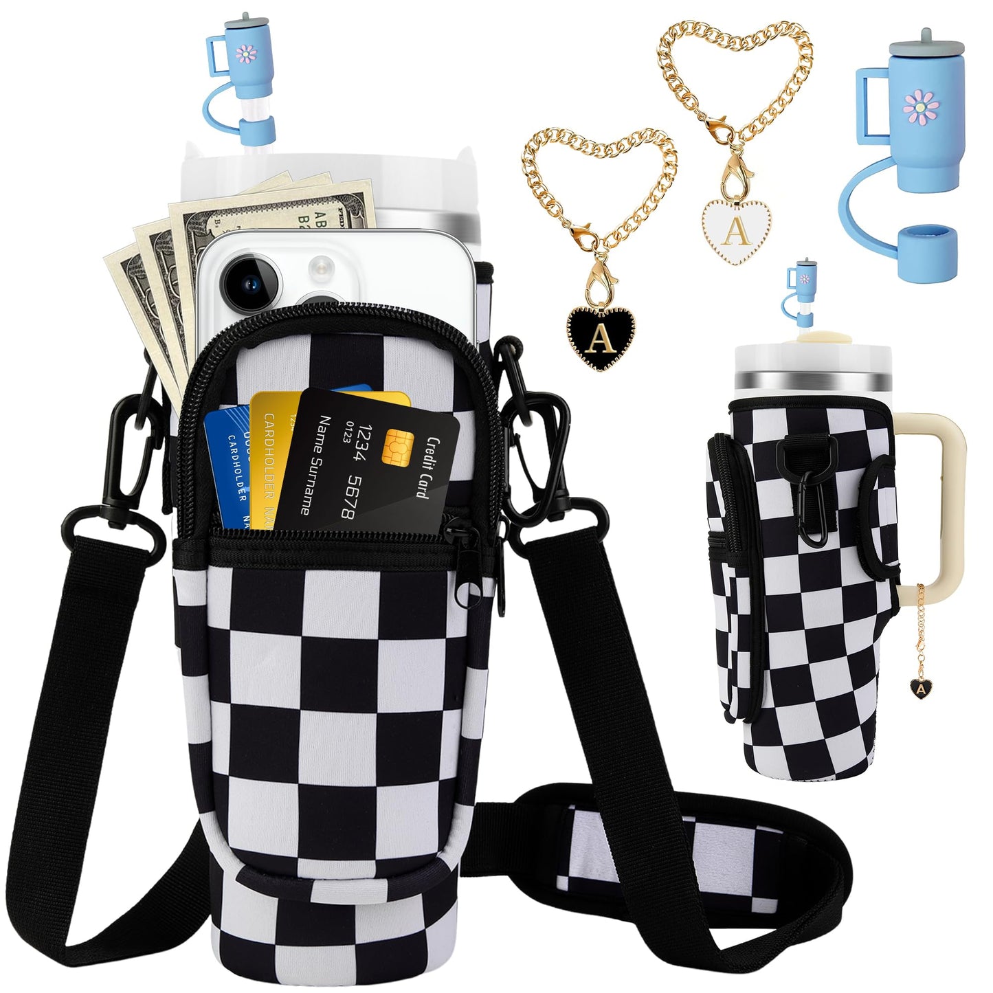 Water Bottle Carrier Bag with Strap for Stanley Cup 40oz Tumbler with Phone Pocket, Keychain Accessories for Stanley Cup Handle, Women Personalized Accessories for Stanley Cup