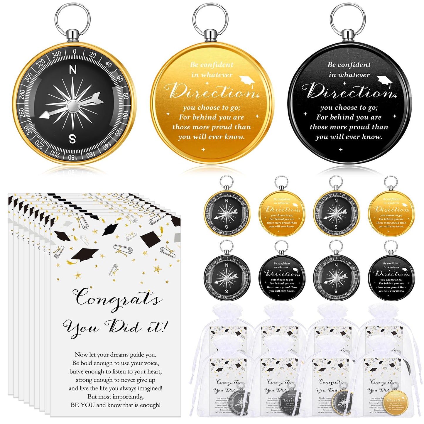 Beeveer 25 Sets Class of 2026 Graduation Gifts Pocket Compass Keychain Inspirational Cards Organza Bags You Did It College Grad Party Favor for Student Friend Graduation Gift(Black, Gold)