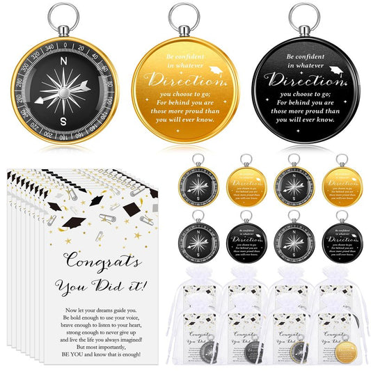 Beeveer 25 Sets Class of 2026 Graduation Gifts Pocket Compass Keychain Inspirational Cards Organza Bags You Did It College Grad Party Favor for Student Friend Graduation Gift(Black, Gold)