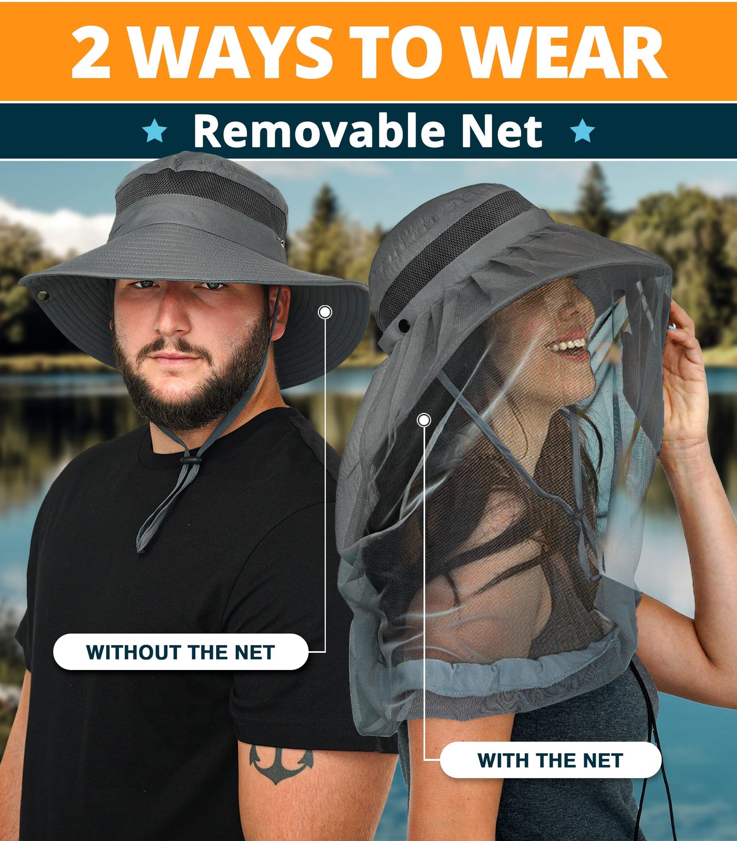 GearTOP Fishing Hat UPF 50+ Wide Brim Sun Hat for Men and Women, Mens Bucket Hats with UV Protection for Hiking Beach Hats (Dark Gray with Mosquito Net)
