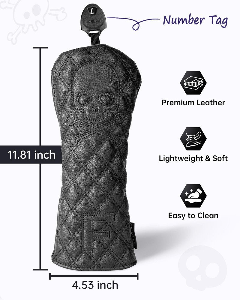 Golf Club Covers – Driver Headcover, Black Skull Leather, Fairway Wood & Hybrid, 3 Wood Headcover, Waterproof Easy-Clean, Universal Fit