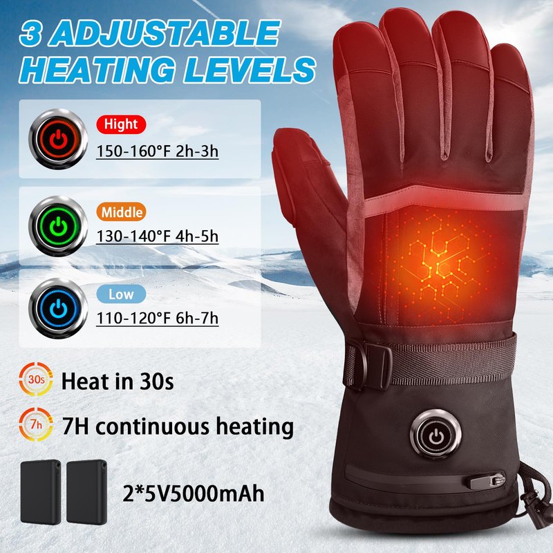 Heated Gloves 5V 5000mAh Electric Hand Warmers with Touch Screen Non-Slip Adjustable Wrist Design for Skiing Hiking