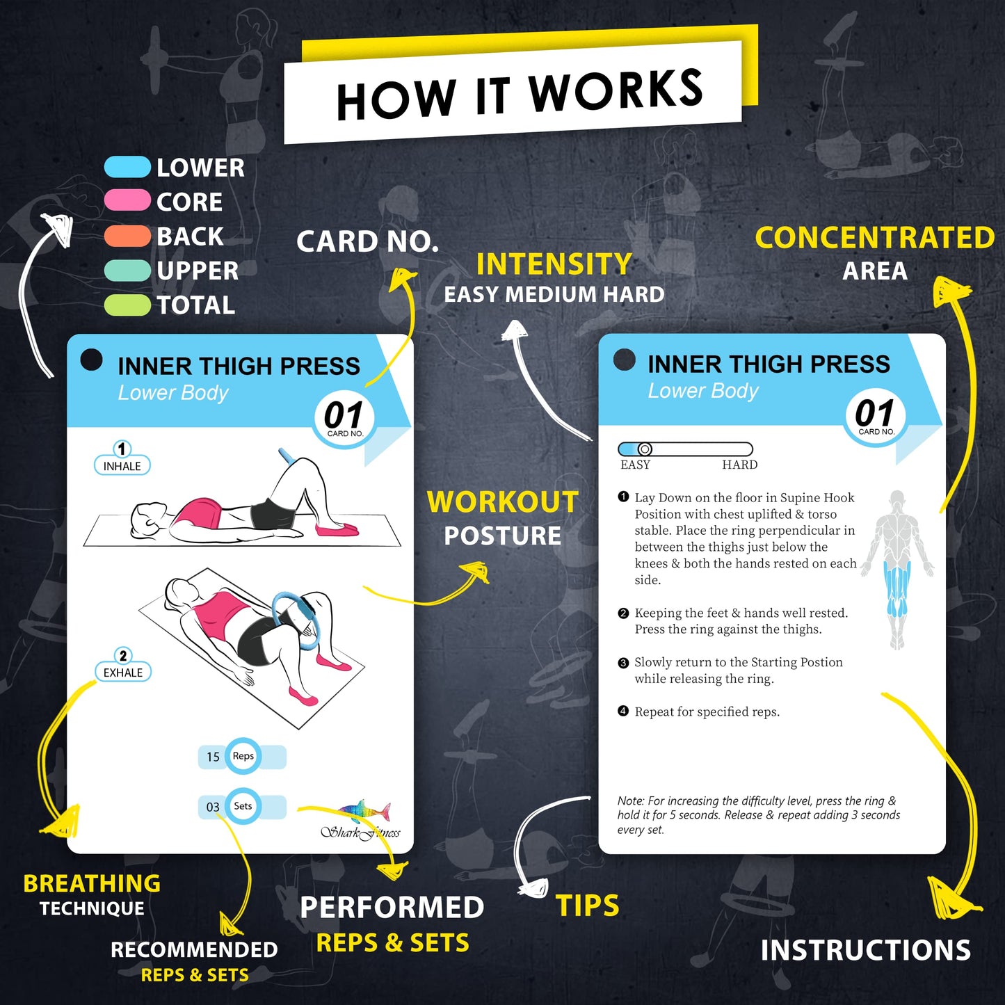 Flexies Pilates Ring Workout Cards -58 Exercise ring Card with Pilates circle Work Out Posture, Instruction & Breathing Tips | Free Dry-Erase Marker & Binding ring|Pilates Equipment Thigh Master guide