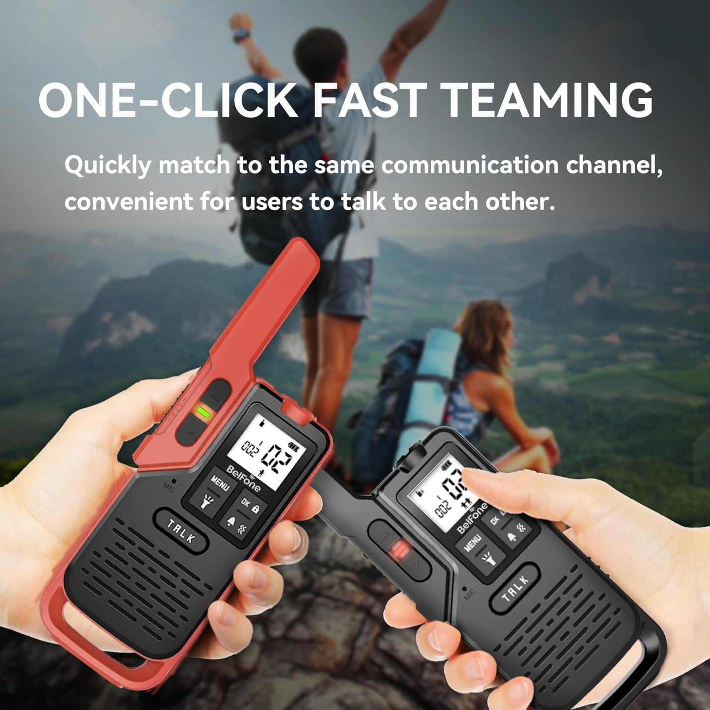 BelFone OG200 Long-Range Walkie-Talkies for Adults,5 Mile Range, 20 Channels, IP54 Waterproof, Built-in Flashlight, Stopwatch, Compass & NOAA,SOS for Outdoor,Camping & K12 School Use（2 Pack）