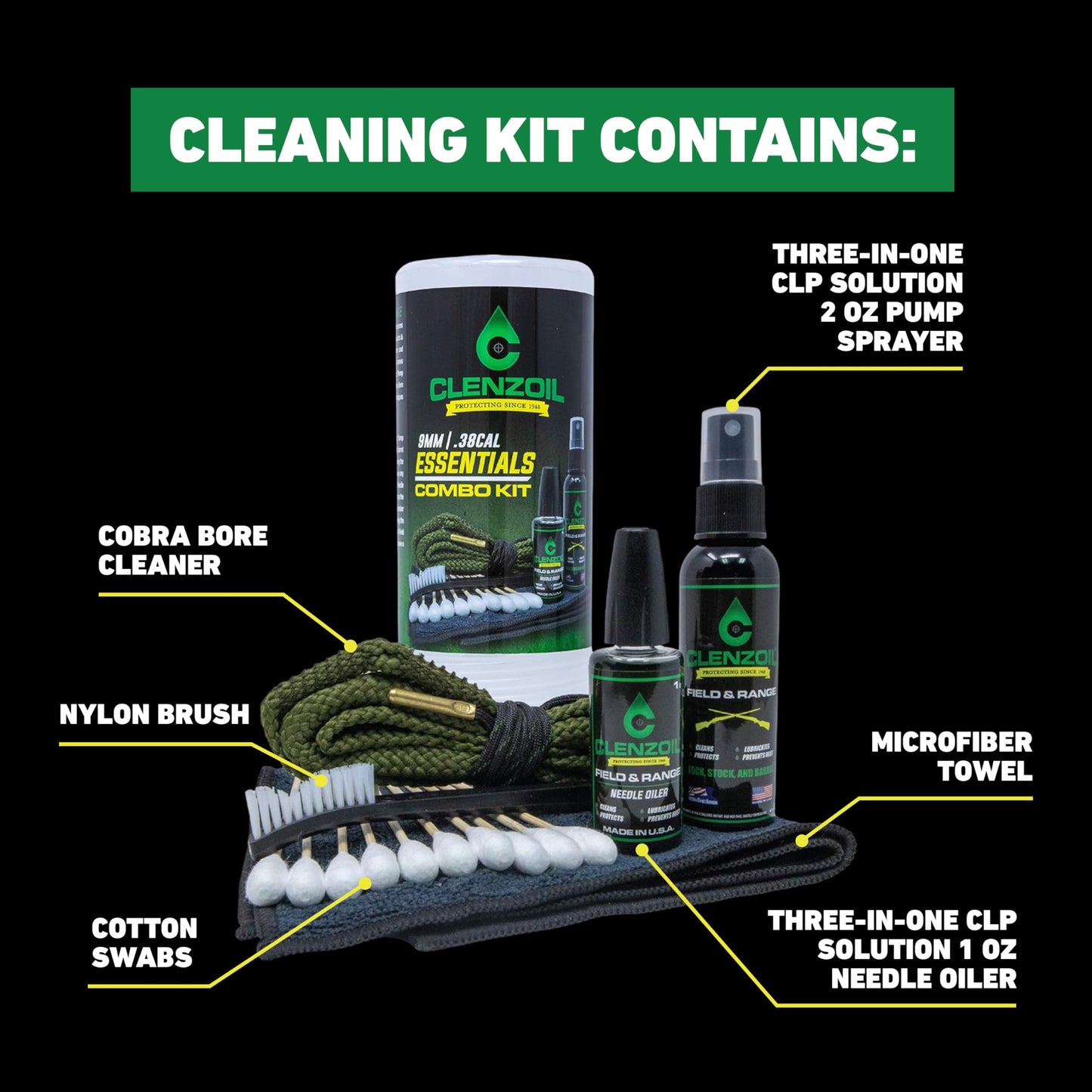 CLENZOIL Field & Range Pistol & Rifle Essentials Gun Cleaning Kit | CLP Spray & Oiler with Bores Cleaner | Clean, Lubricate & Protect | Nylon Brush, Bore Swabs & Microfiber (9mm | 38 Caliber)