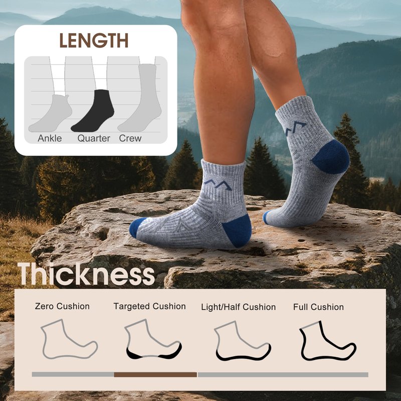 innotree Merino Wool Hiking Socks for Men,Quarter Ankle Compression Thick Cushion Breathable Anti Odor Socks, 5 Pairs, Large