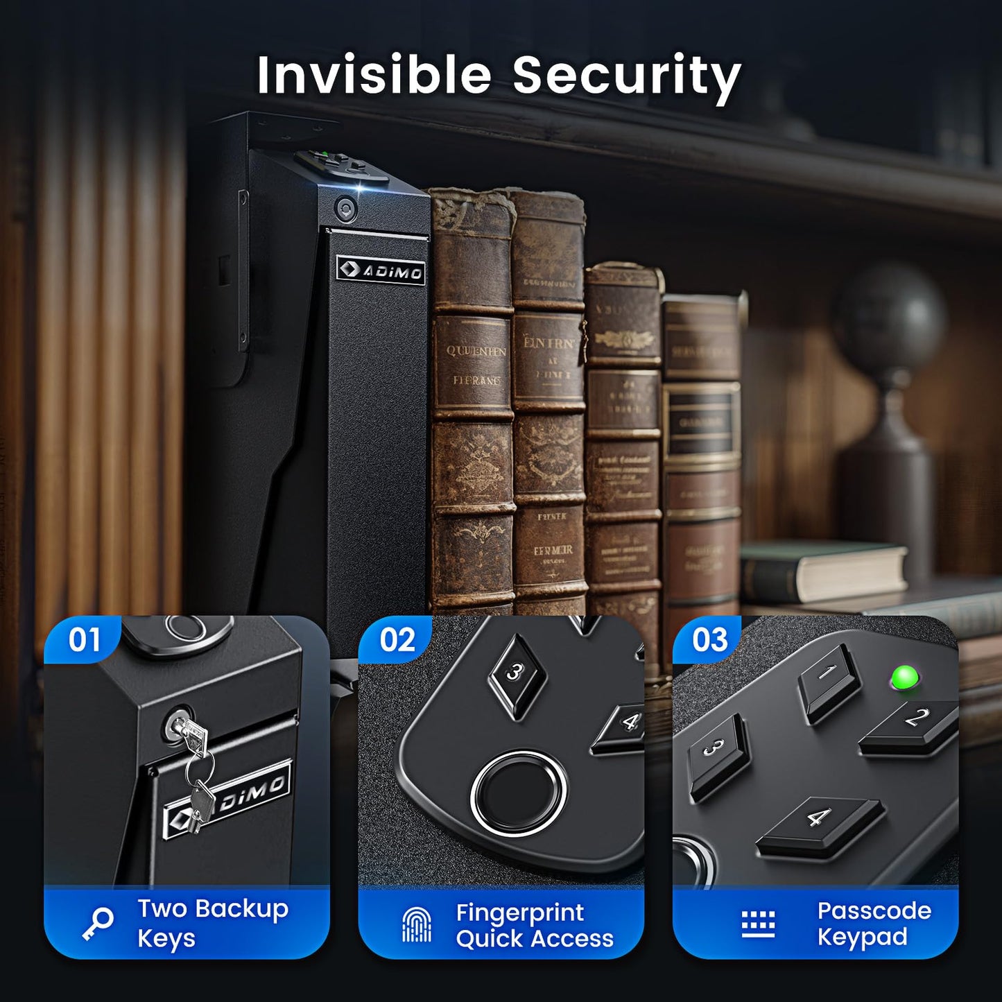 ADIMO Gun Safe for Handgun, Biometric Pistol Safe Fingerprint Quick Access Drop Down Single Mount Gun Safe with Keypad Lock and Key Lock, for Nightstand Wall Mount Bedside Desk Vehicle Bed