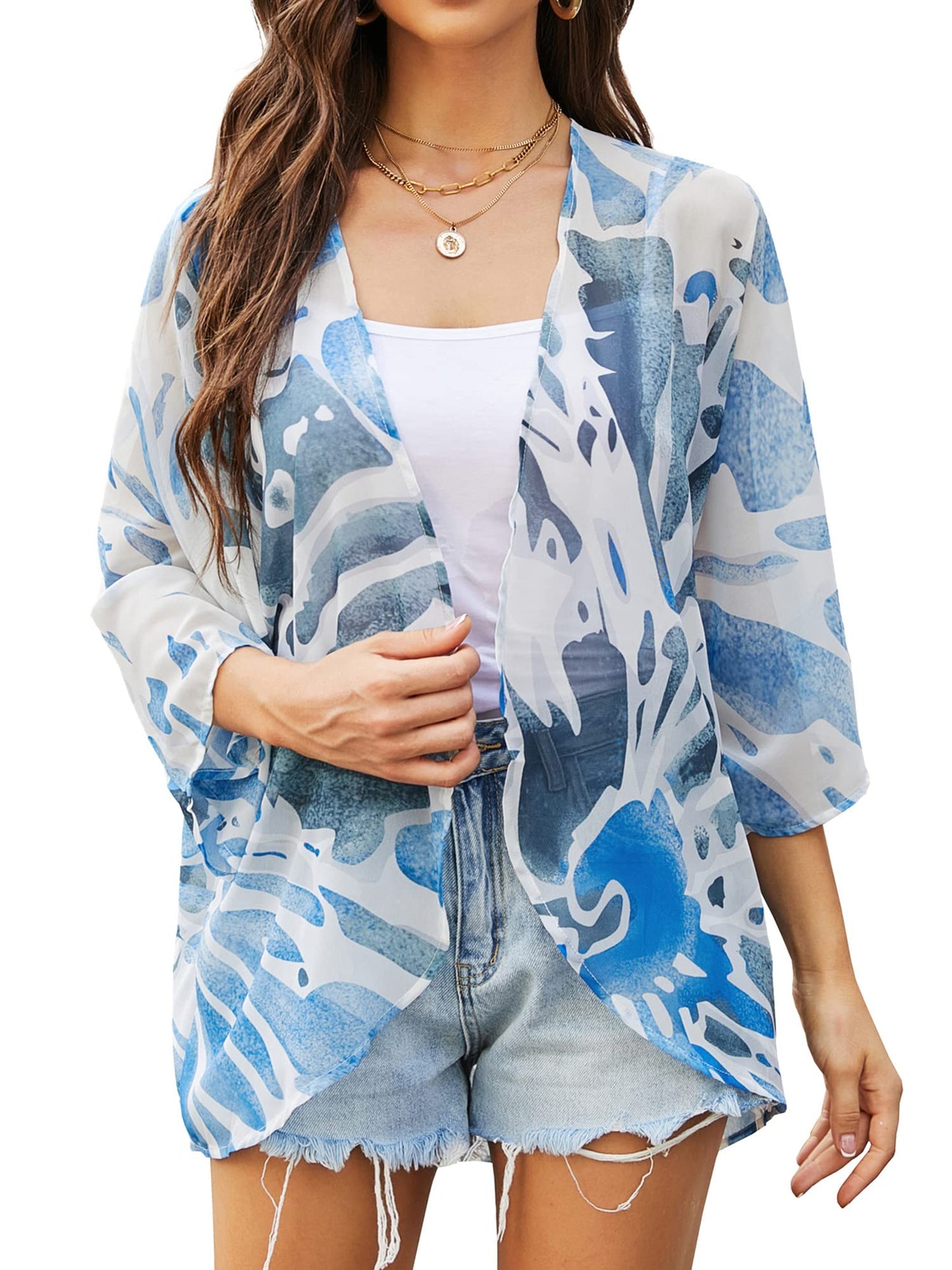 Chunoy Women's Floral Chiffon Kimono Cover Up Short Sleeve Lightweight Loose Sheer Cardigan Tops Outfit Blue X-Large