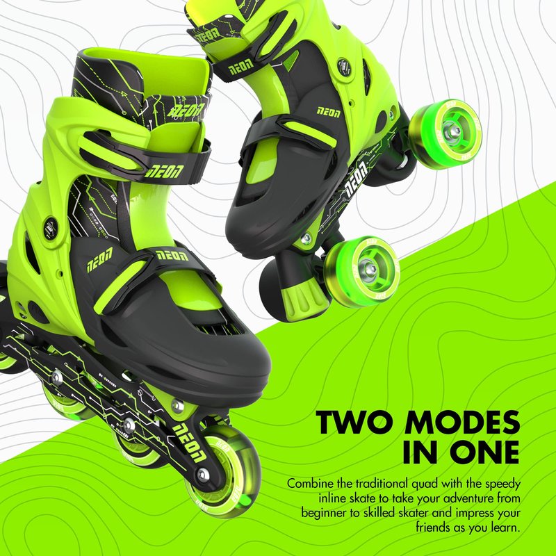 Yvolution Neon Combo Skates | 2-1 Quad and Inline Skates for Kids with LED Wheels | Adjustable Sizing (Green, 12-2)