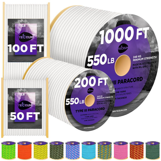 TECEUM Paracord Type III 550 White – 50 ft – 4mm – Tactical Rope MIL-SPEC – Outdoor para Cord –Camping Hiking Fishing Gear and Equipment – EDC Parachute Cord – Strong Survival Rope 007b